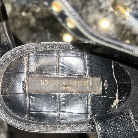 Louis Vuitton black suede with gold buckle heeled sandals, ankle straps - Picture 7 of 10